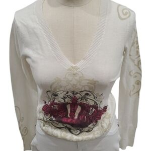 Express V-neck Y2K Sweater with a graphic design on the front and back small